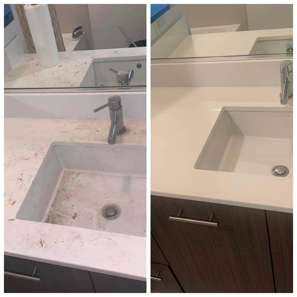 A before and after photo of a bathroom sink.