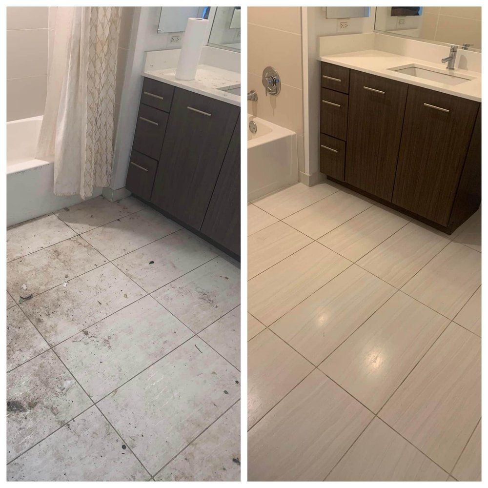 There is a before and after picture of a bathroom.