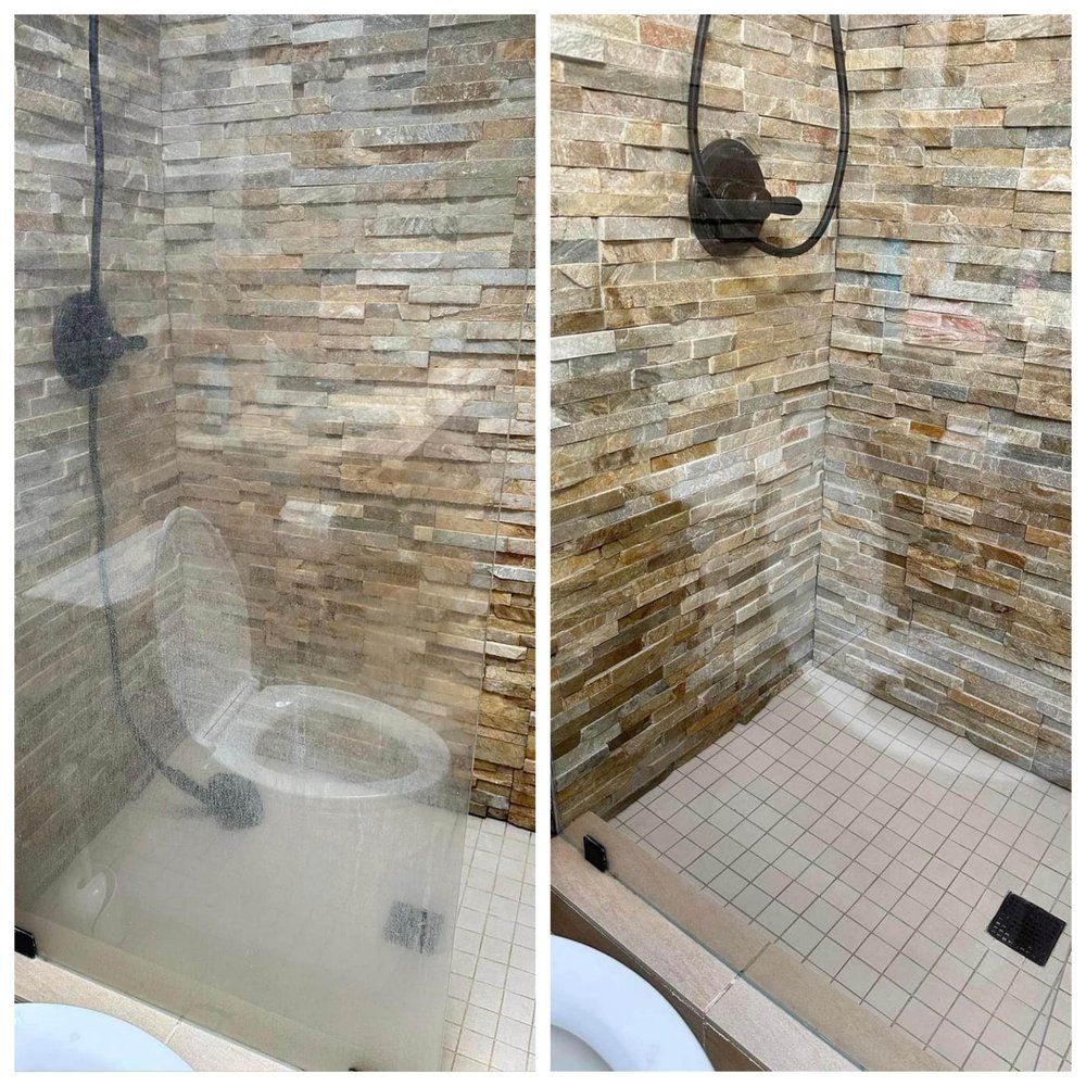 A before and after photo of a bathroom with a toilet and shower.