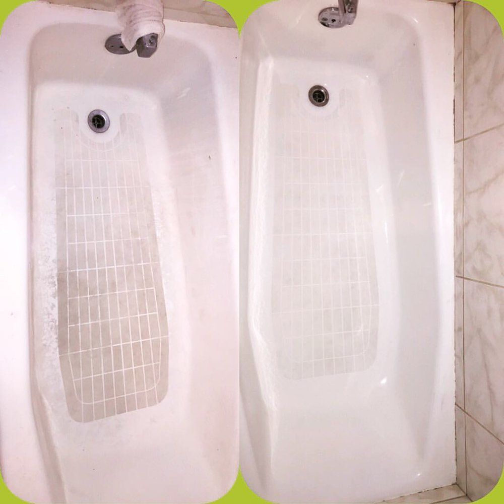 Two pictures of a bathtub before and after being cleaned.