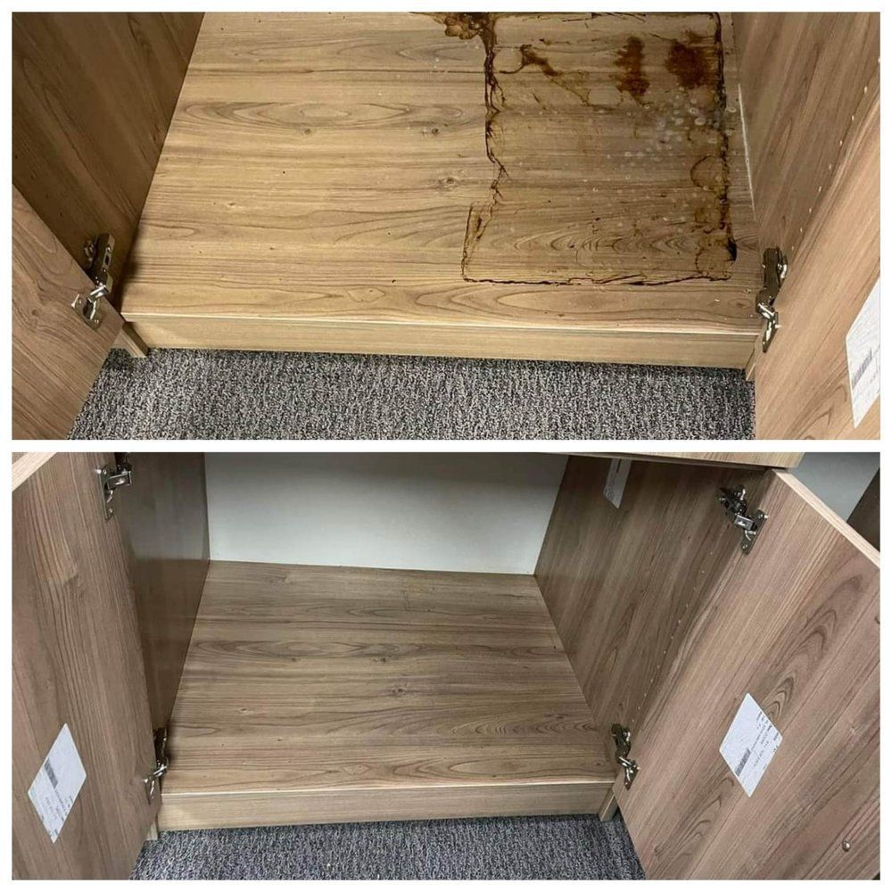 A before and after photo of a wooden cabinet.
