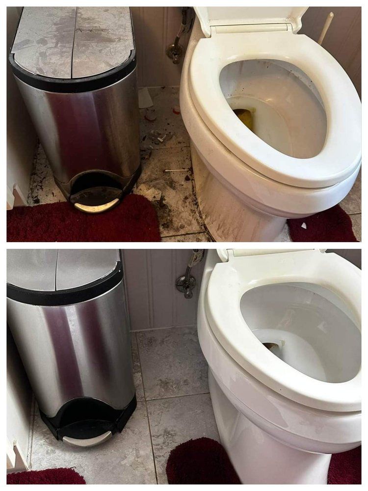 A before and after picture of a toilet and a trash can.