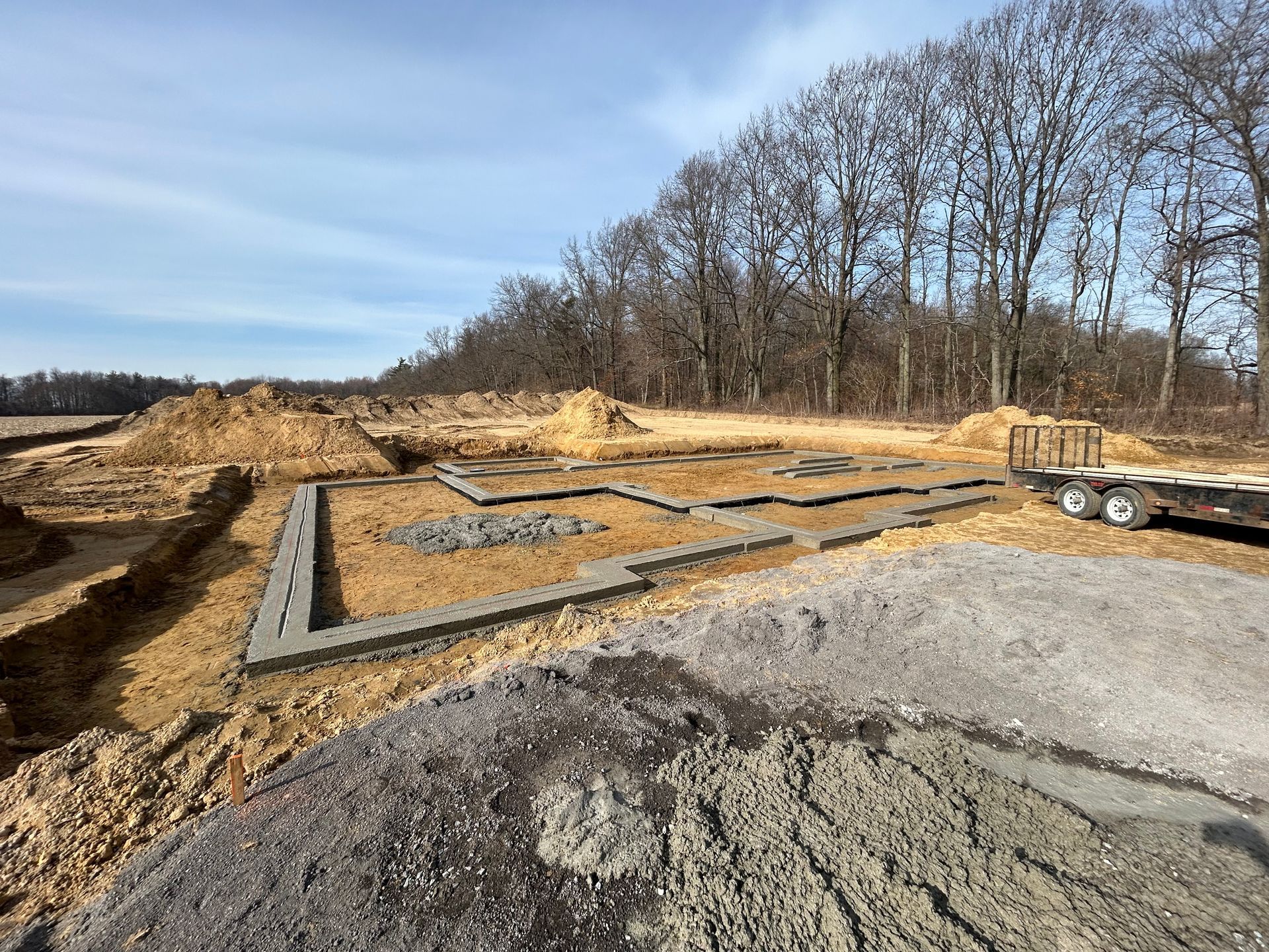 house foundation preparation, backfill, with excavator