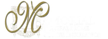 Gold script "M" logo with white text below.