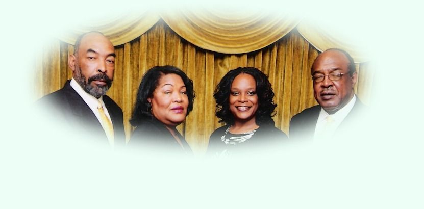 Four people with gold curtains behind it with a faded background