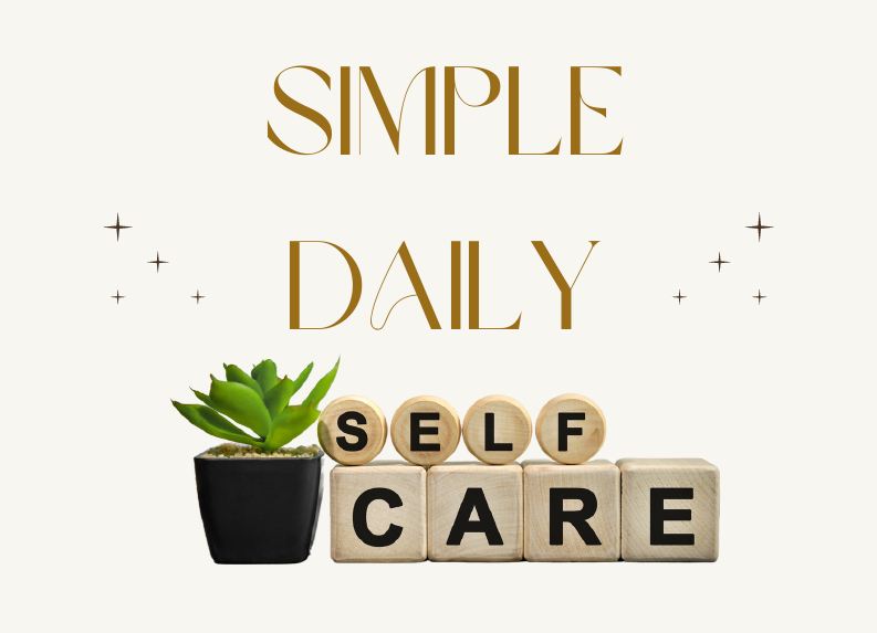 A potted plant is sitting next to a sign that says `` simple daily self care ''.