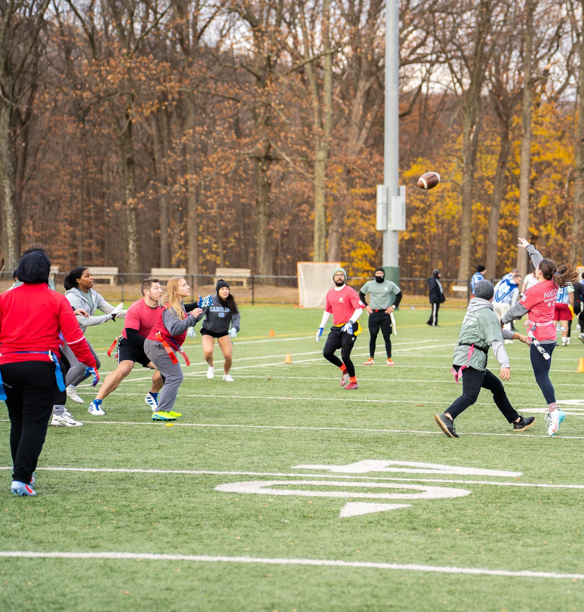Adult flag football league game in Morris County, New Jersey
