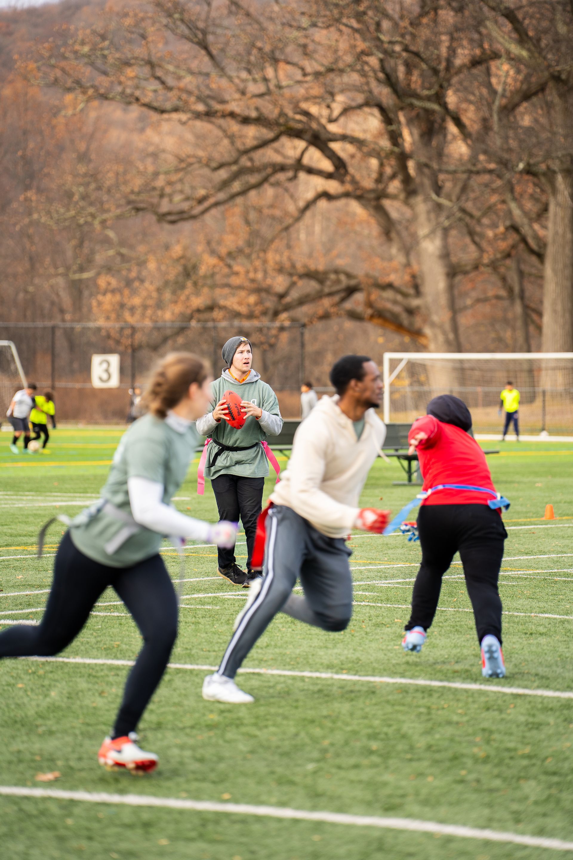 Adult flag football league game in Morris County, New Jersey