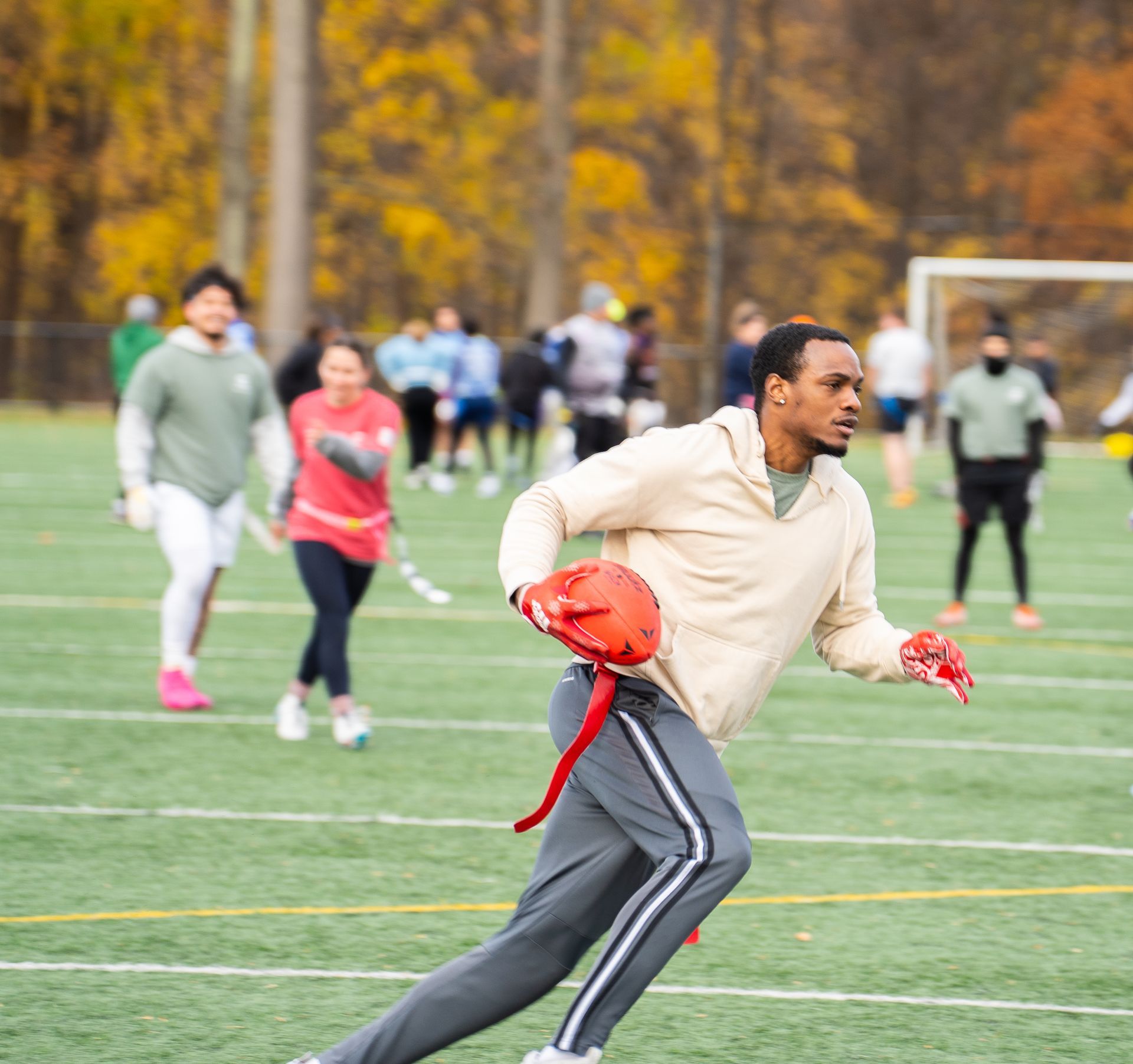 Adult flag football league game in Morris County, New Jersey