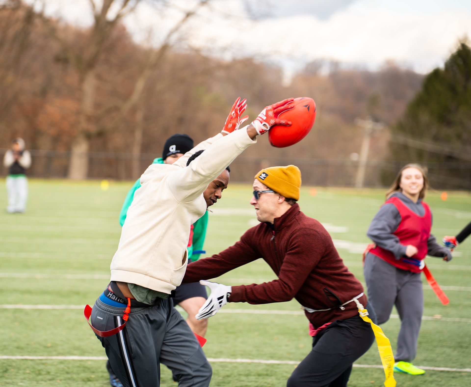 Adult flag football league game in Morris County, New Jersey