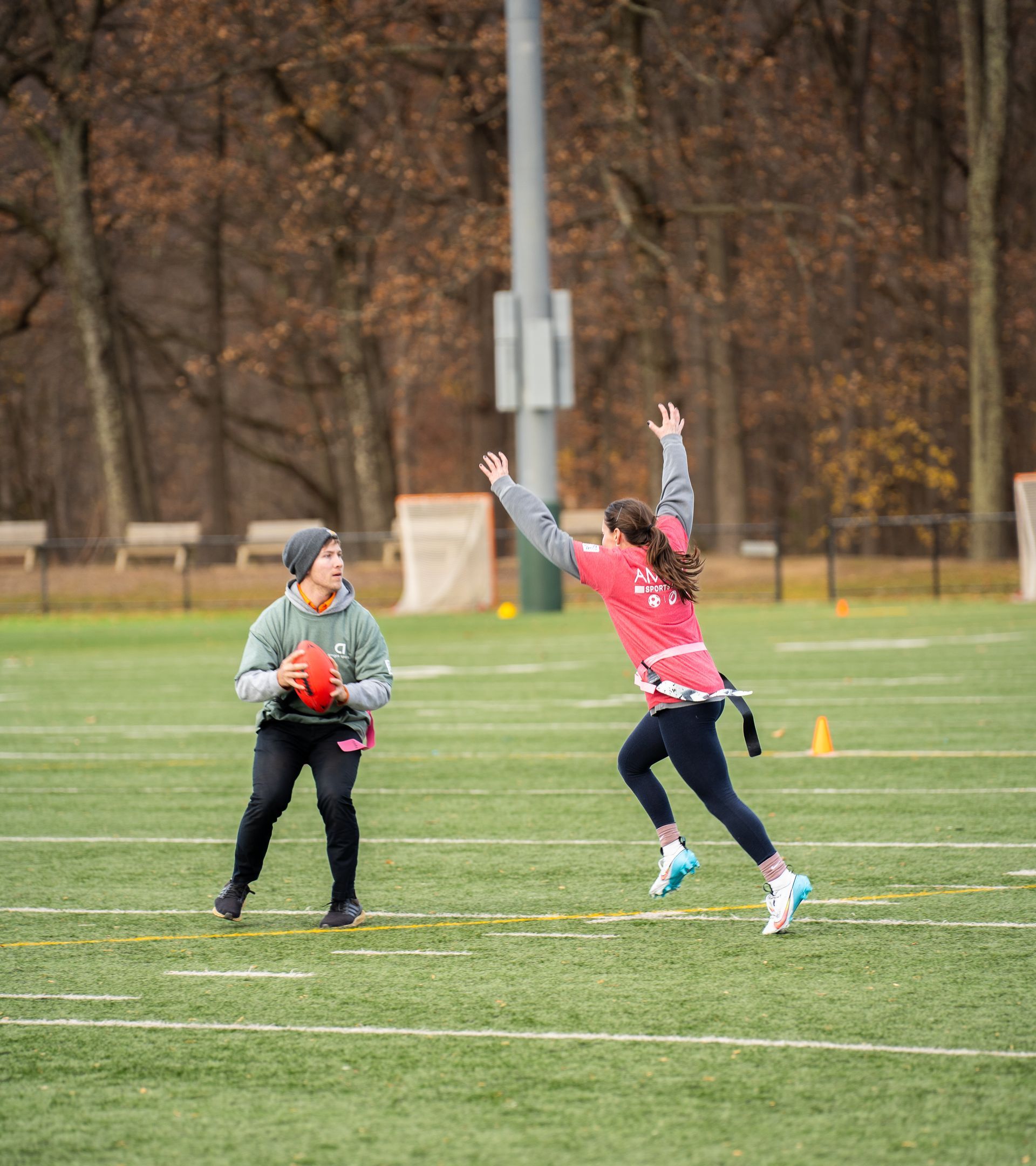 Adult flag football league game in Morris County, New Jersey