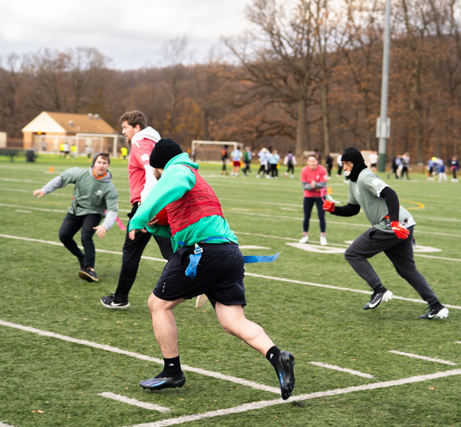 Adult flag football league game in Morris County, New Jersey