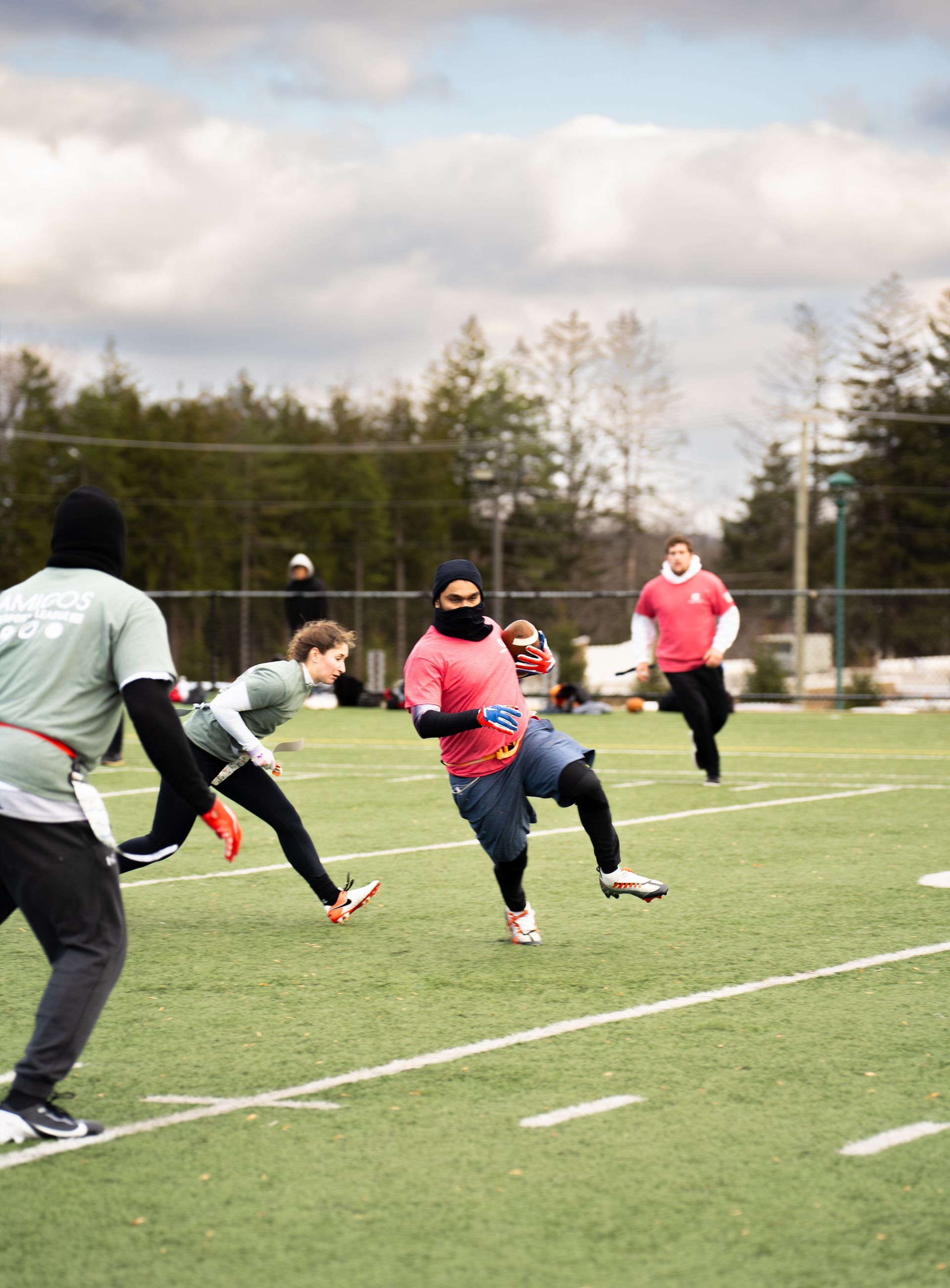 Adult flag football league game in Morris County, New Jersey