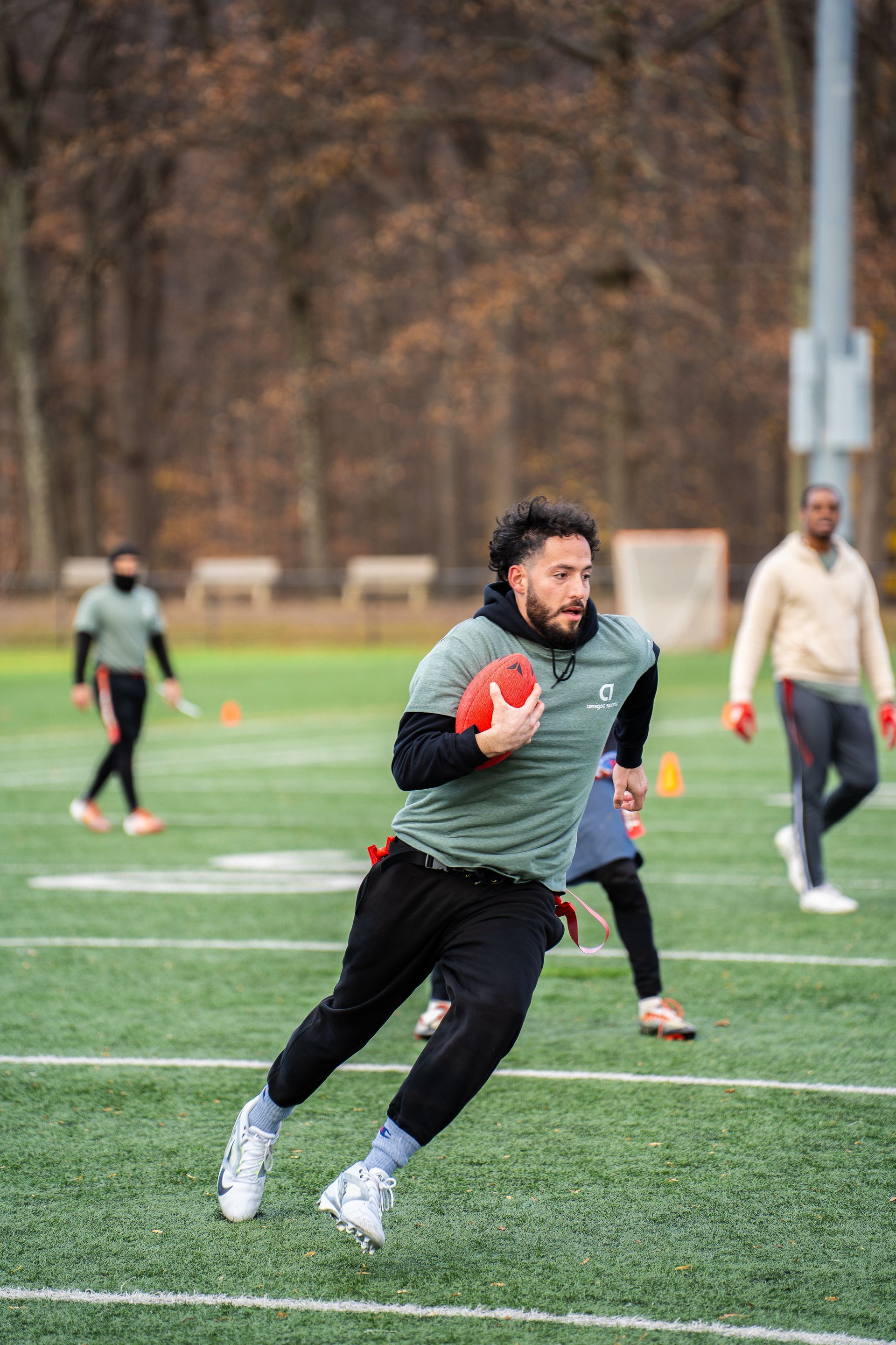 Adult flag football league game in Morris County, New Jersey