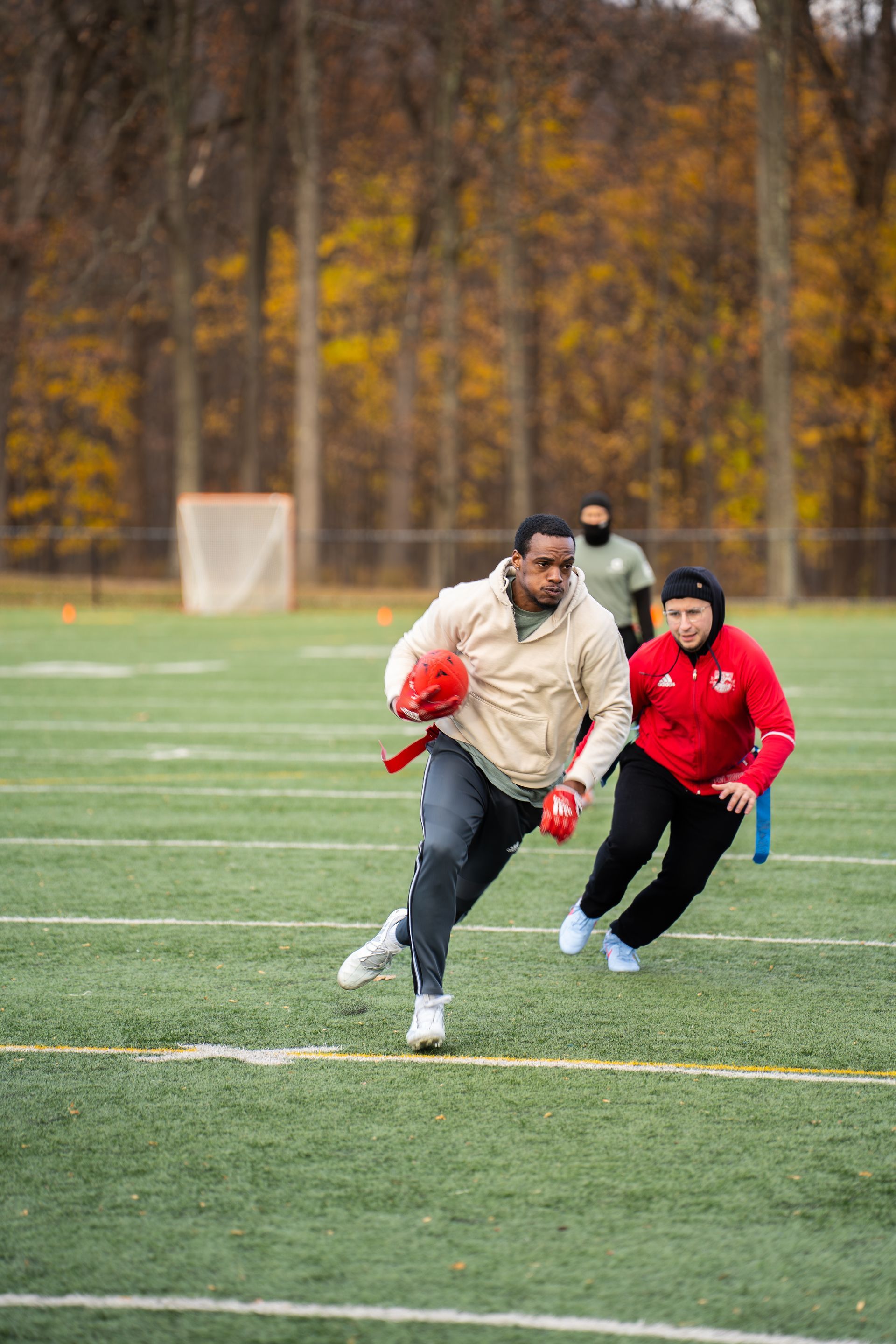 Adult flag football league game in Morris County, New Jersey