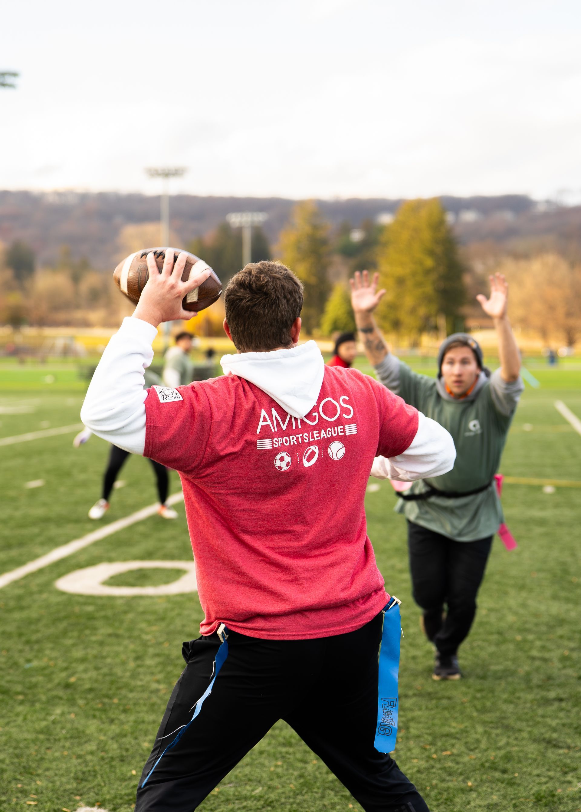 Adult flag football league game in Morris County, New Jersey