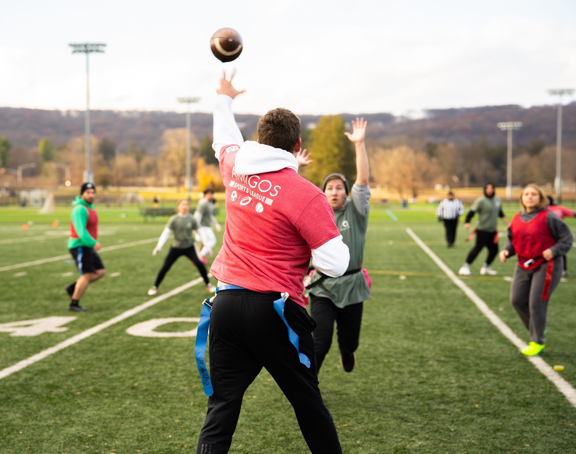 Adult flag football league game in Morris County, New Jersey
