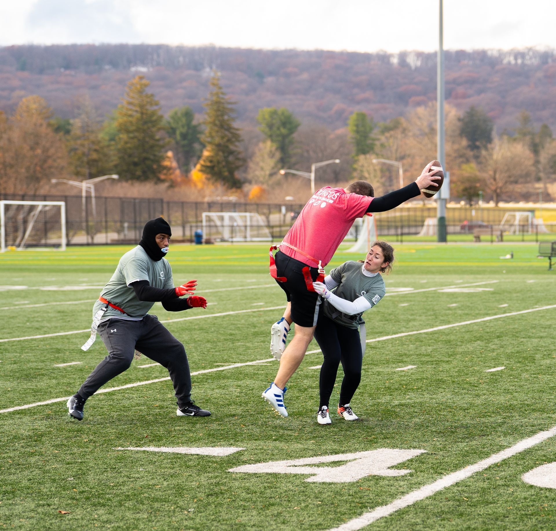 Adult flag football league game in Morris County, New Jersey