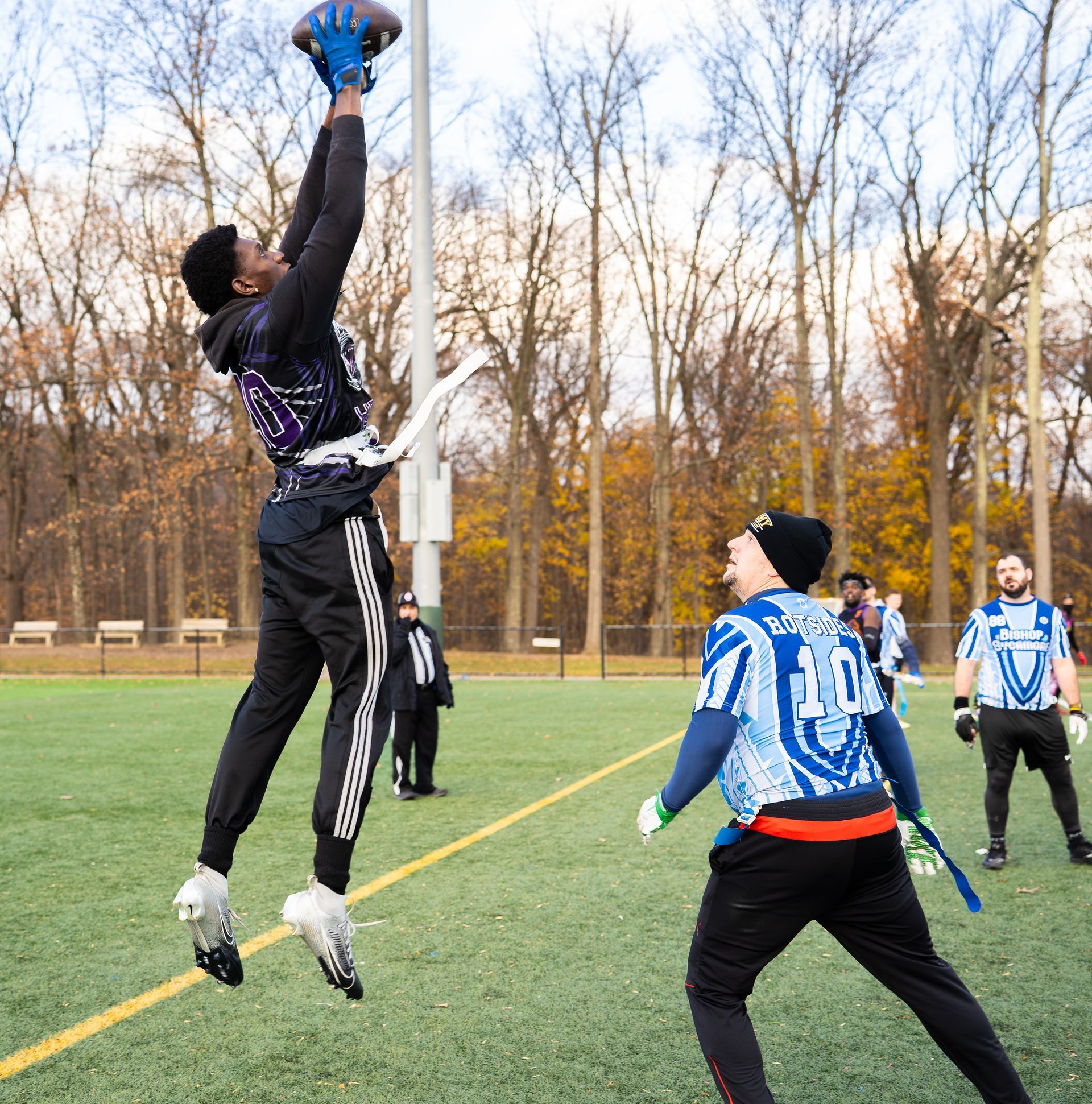 Adult flag football league game in Morris County, New Jersey