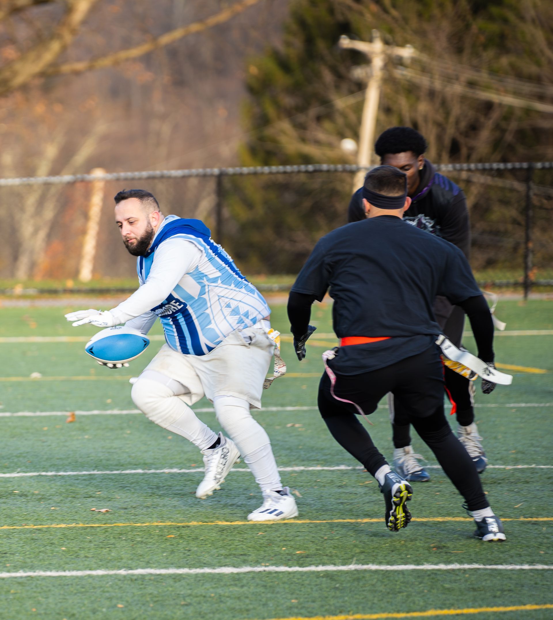 Adult flag football league game in Morris County, New Jersey