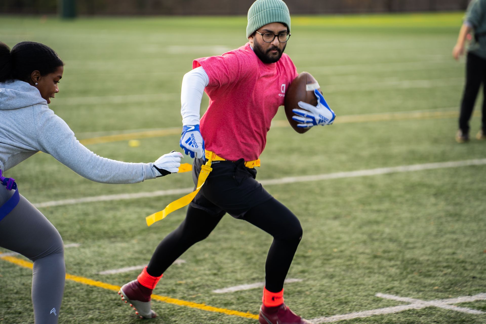 Adult flag football league game in Morris County, New Jersey