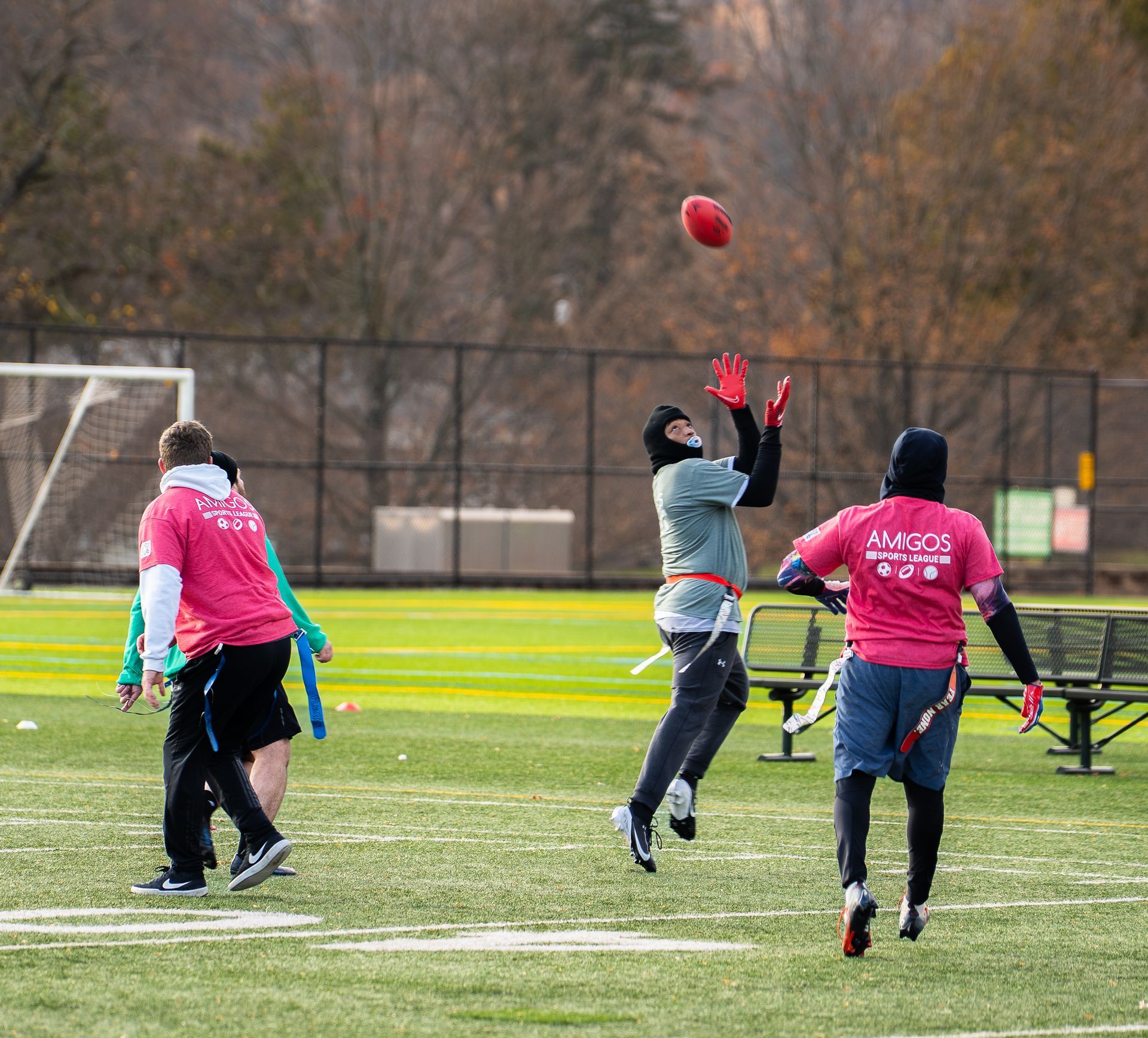 Adult flag football league game in Morris County, New Jersey