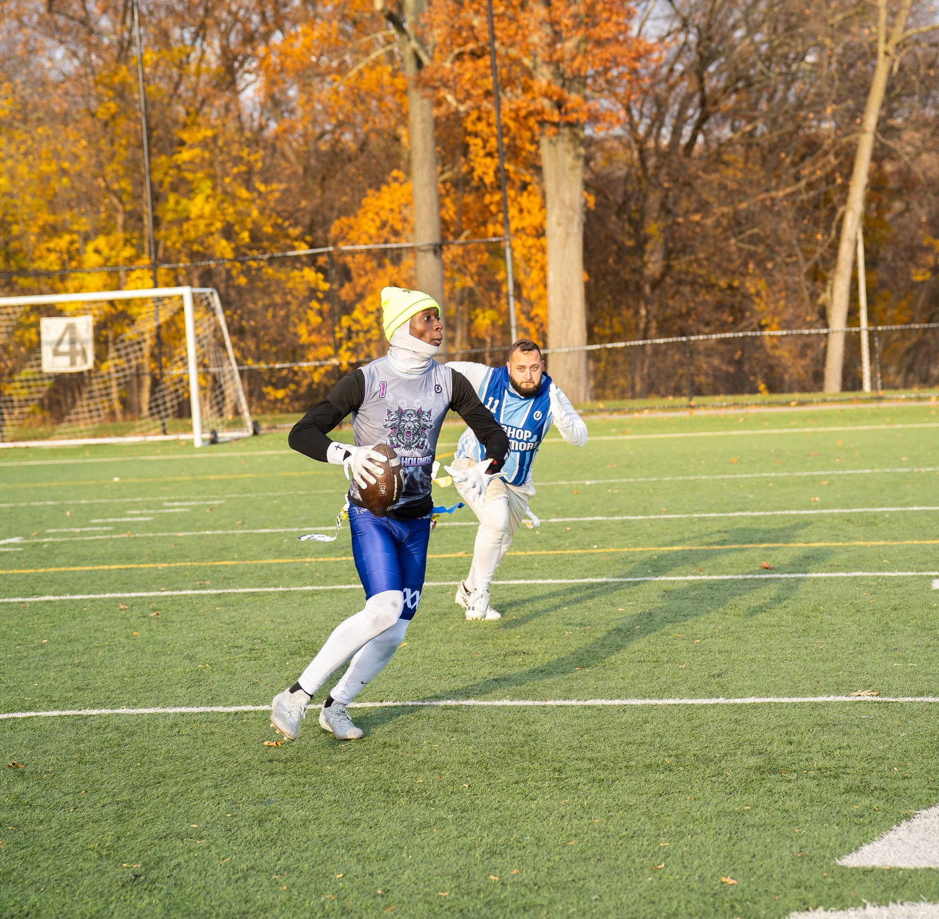 Adult flag football league game in Morris County, New Jersey