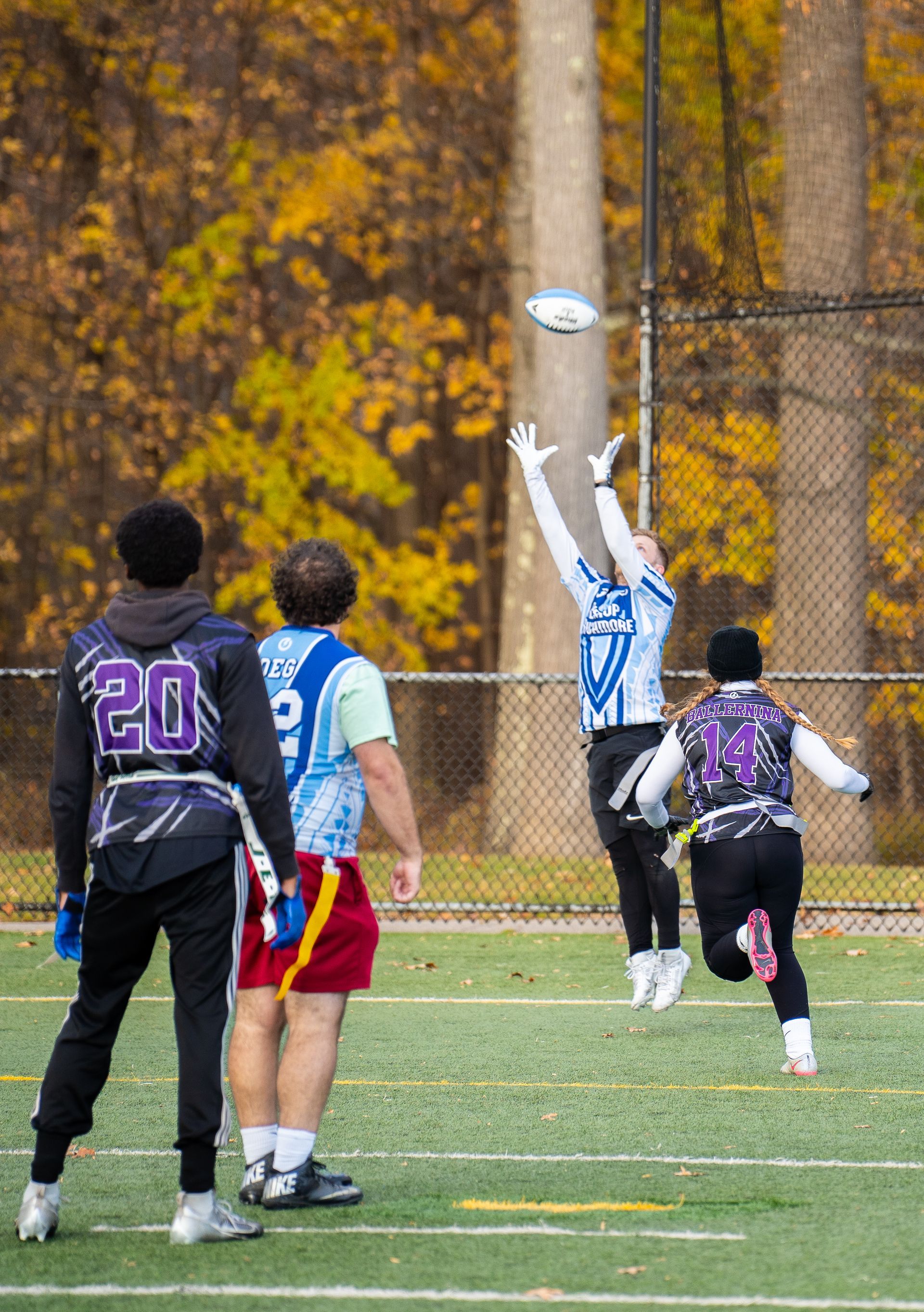 Adult flag football league game in Morris County, New Jersey