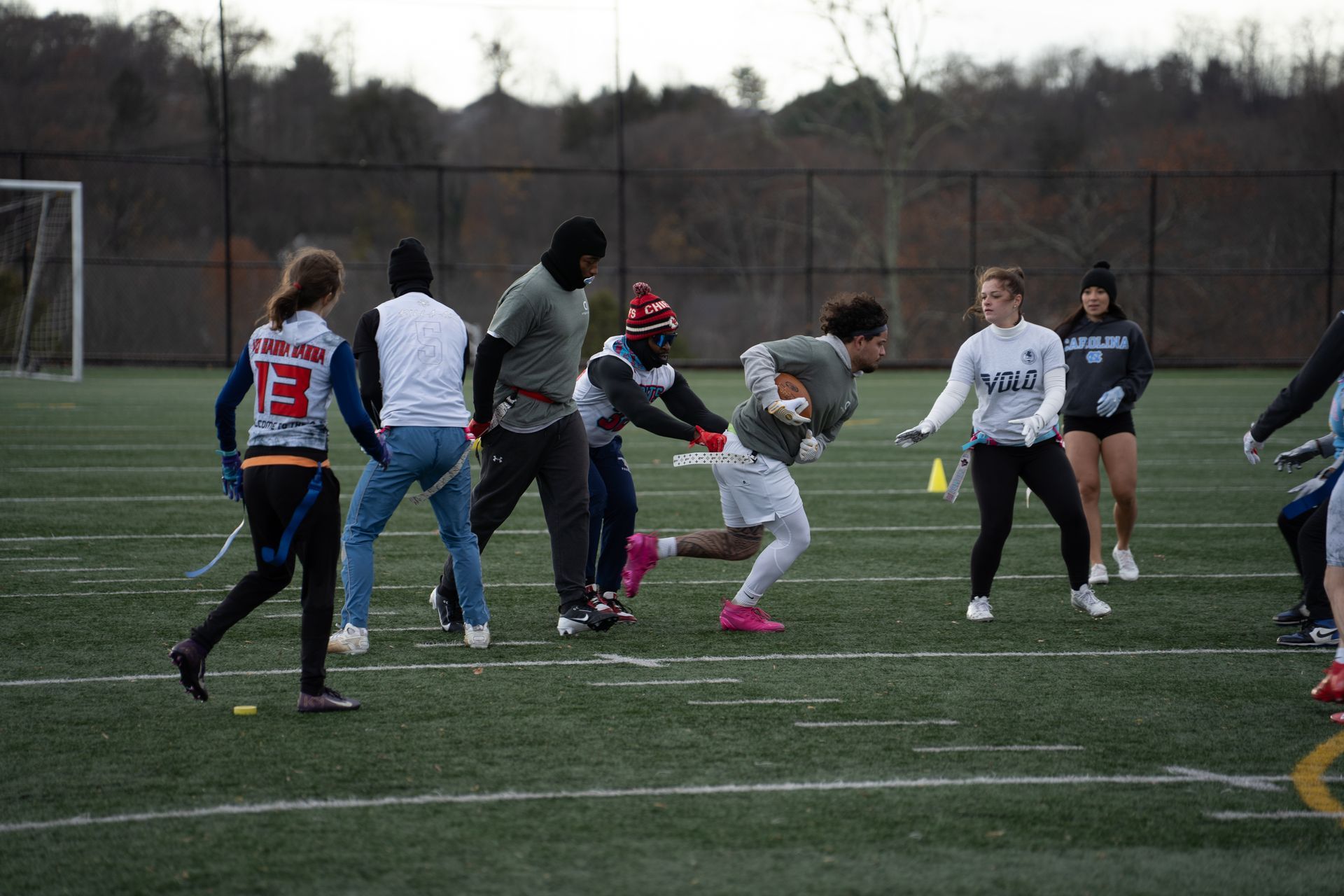 Adult flag football league game in Morris County, New Jersey