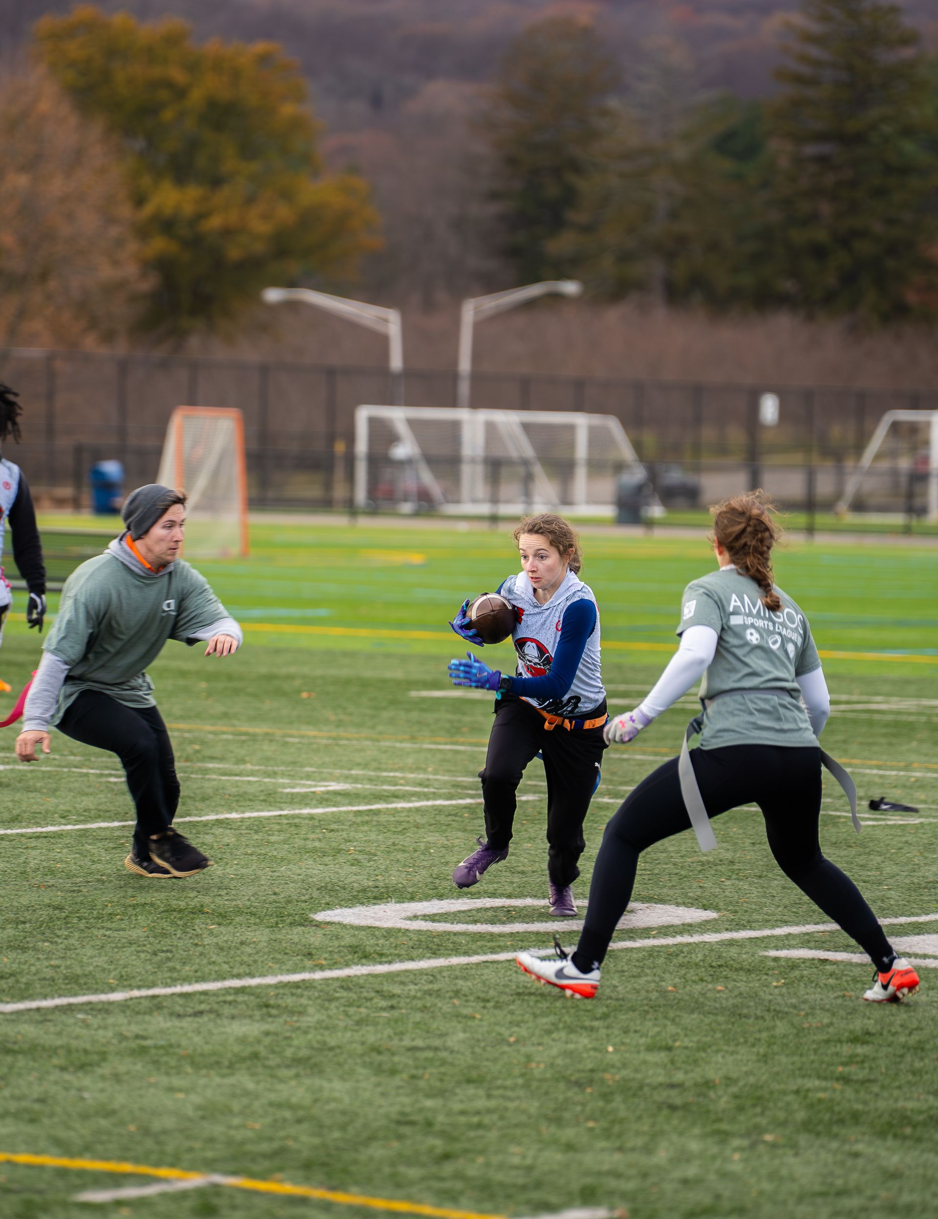 Adult flag football league game in Morris County, New Jersey