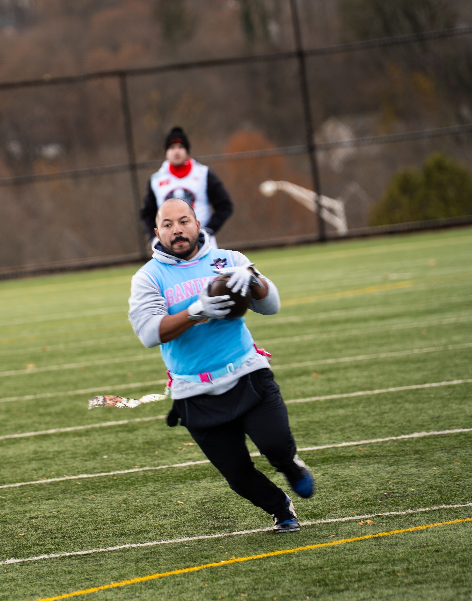 Adult flag football league game in Morris County, New Jersey