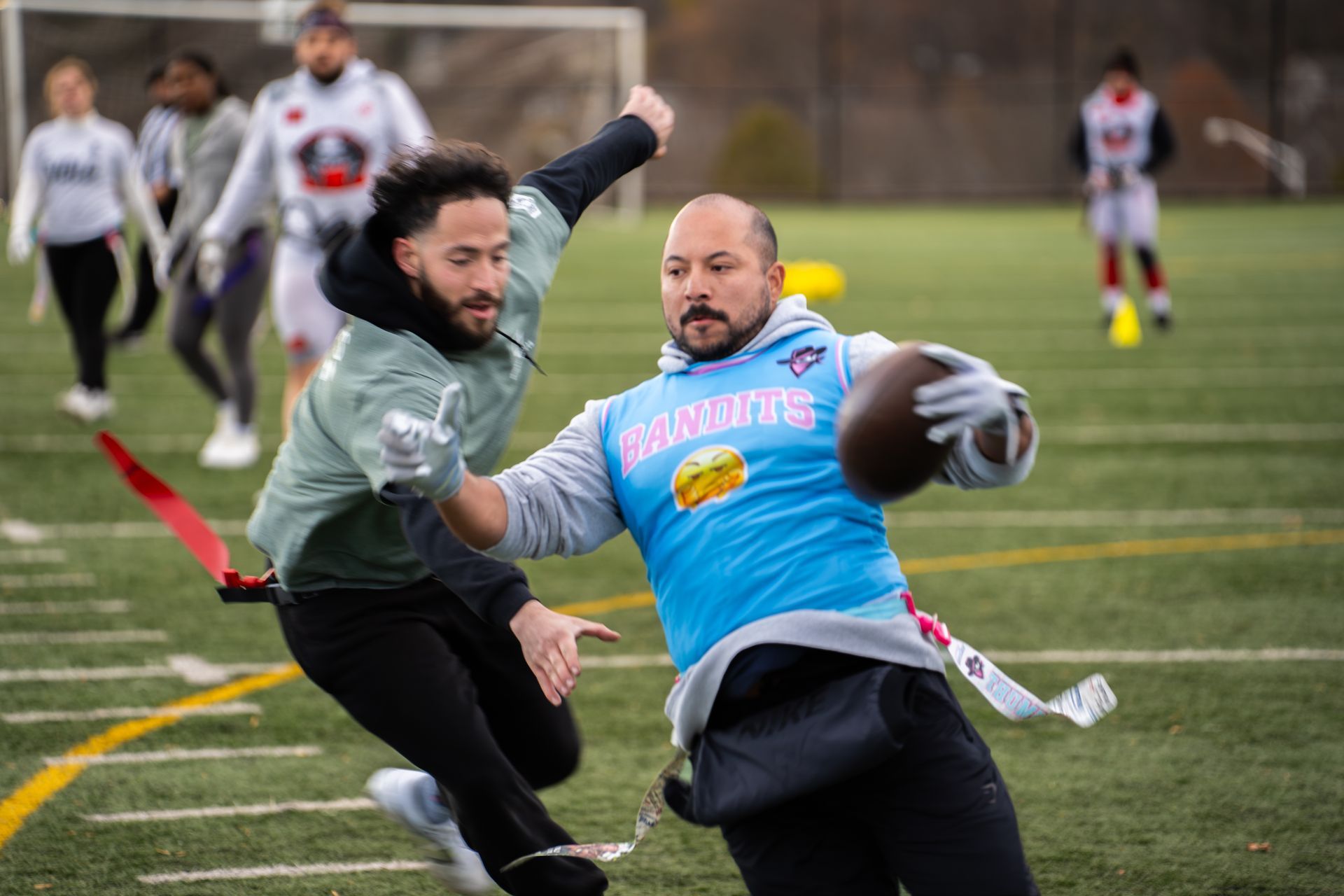 Adult flag football league game in Morris County, New Jersey