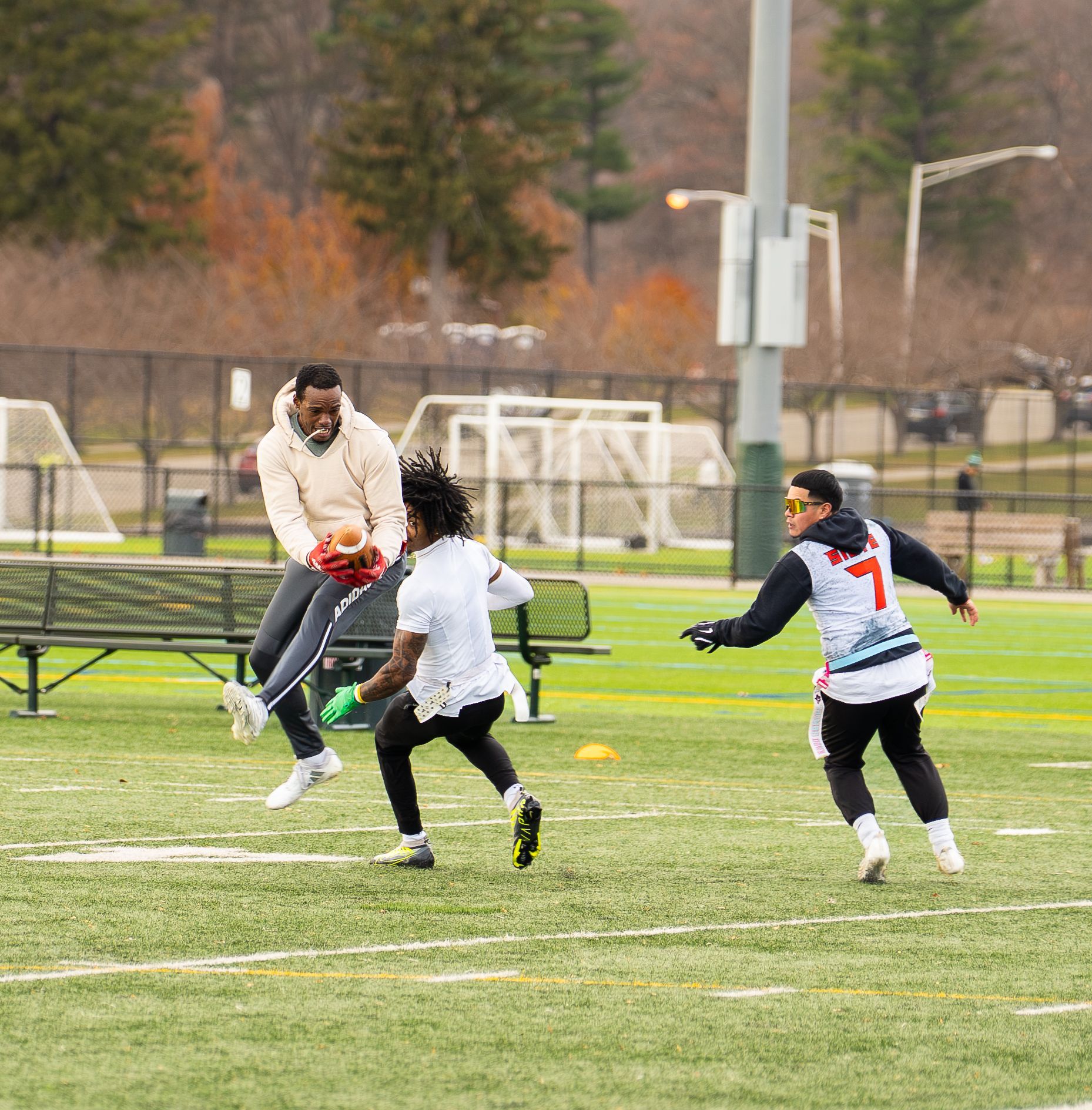 Adult flag football league game in Morris County, New Jersey