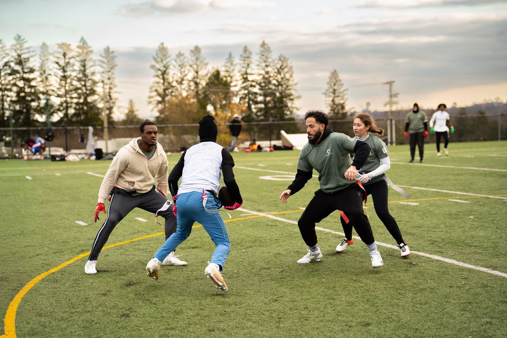 Adult flag football league game in Morris County, New Jersey