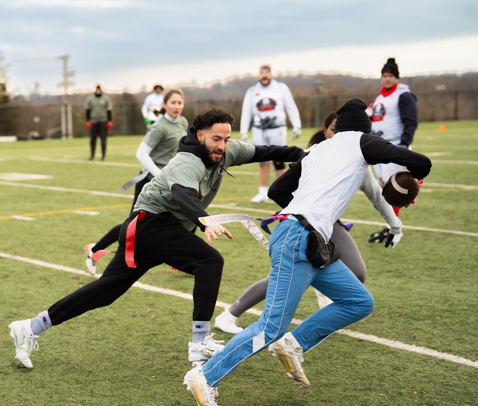 Adult flag football league game in Morris County, New Jersey