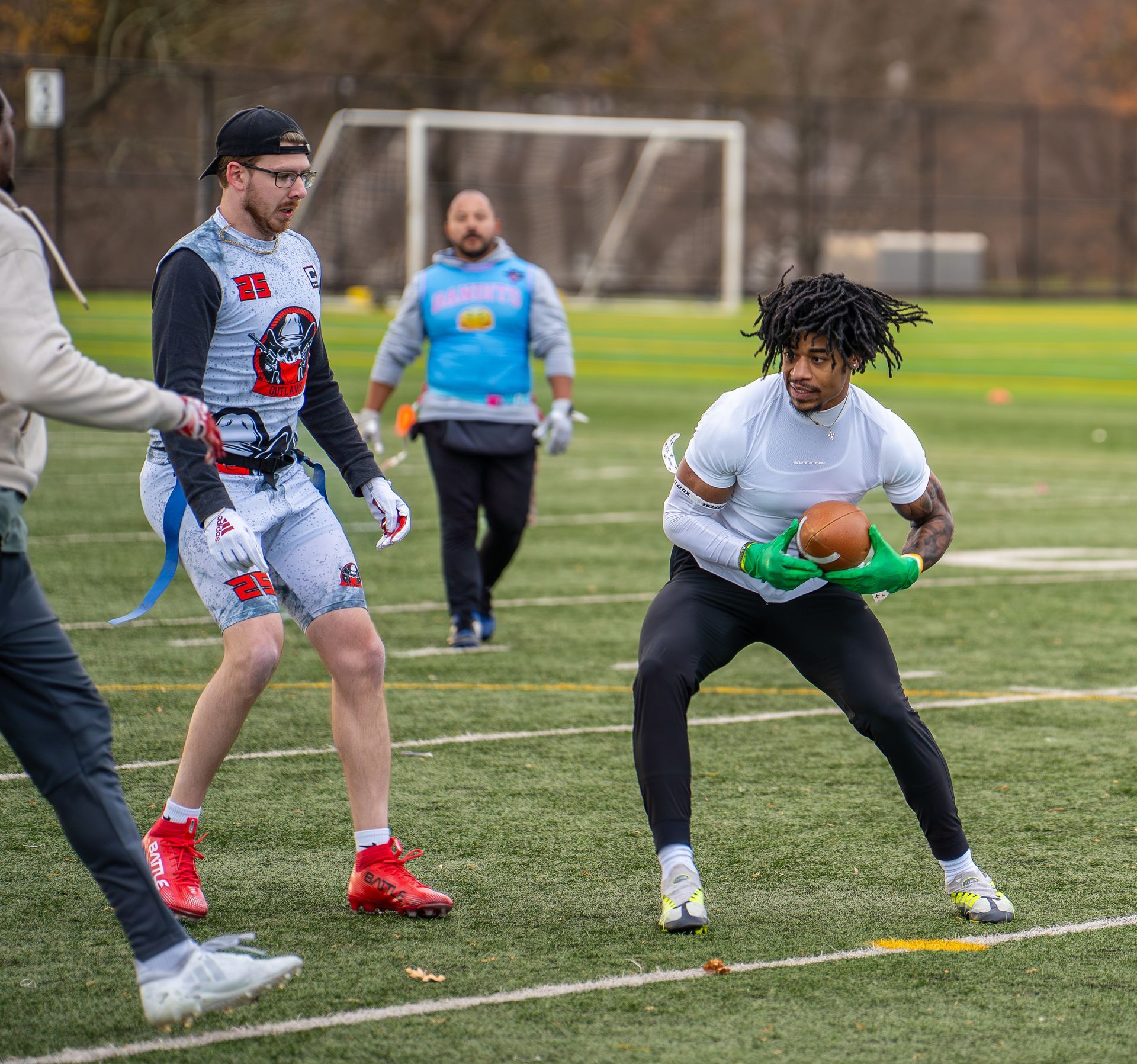 Adult flag football league game in Morris County, New Jersey