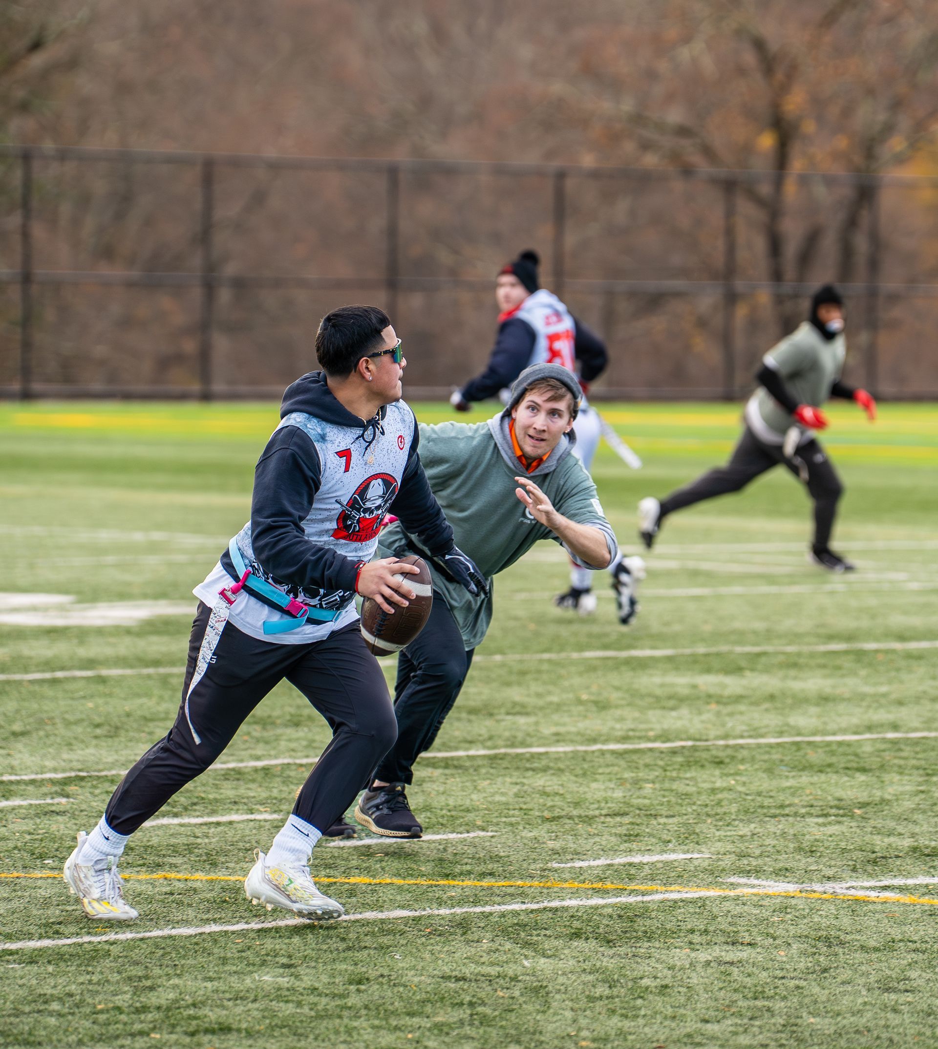 Adult flag football league game in Morris County, New Jersey