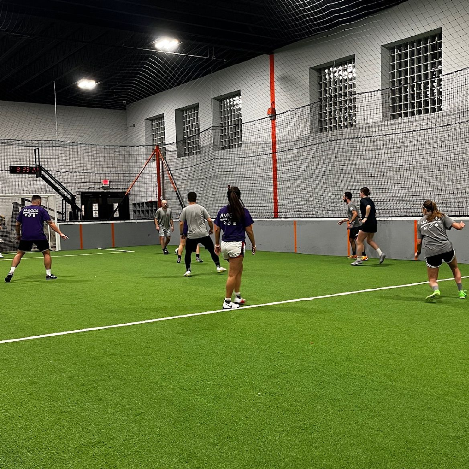 Adult indoor soccer league match in Morris County, New Jersey
