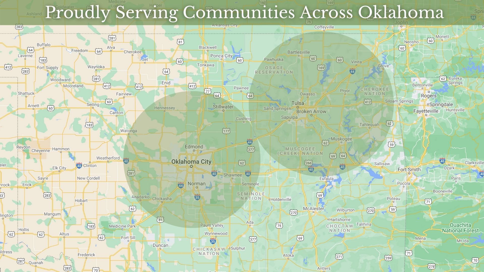 a map showing proudly serving communities across oklahoma