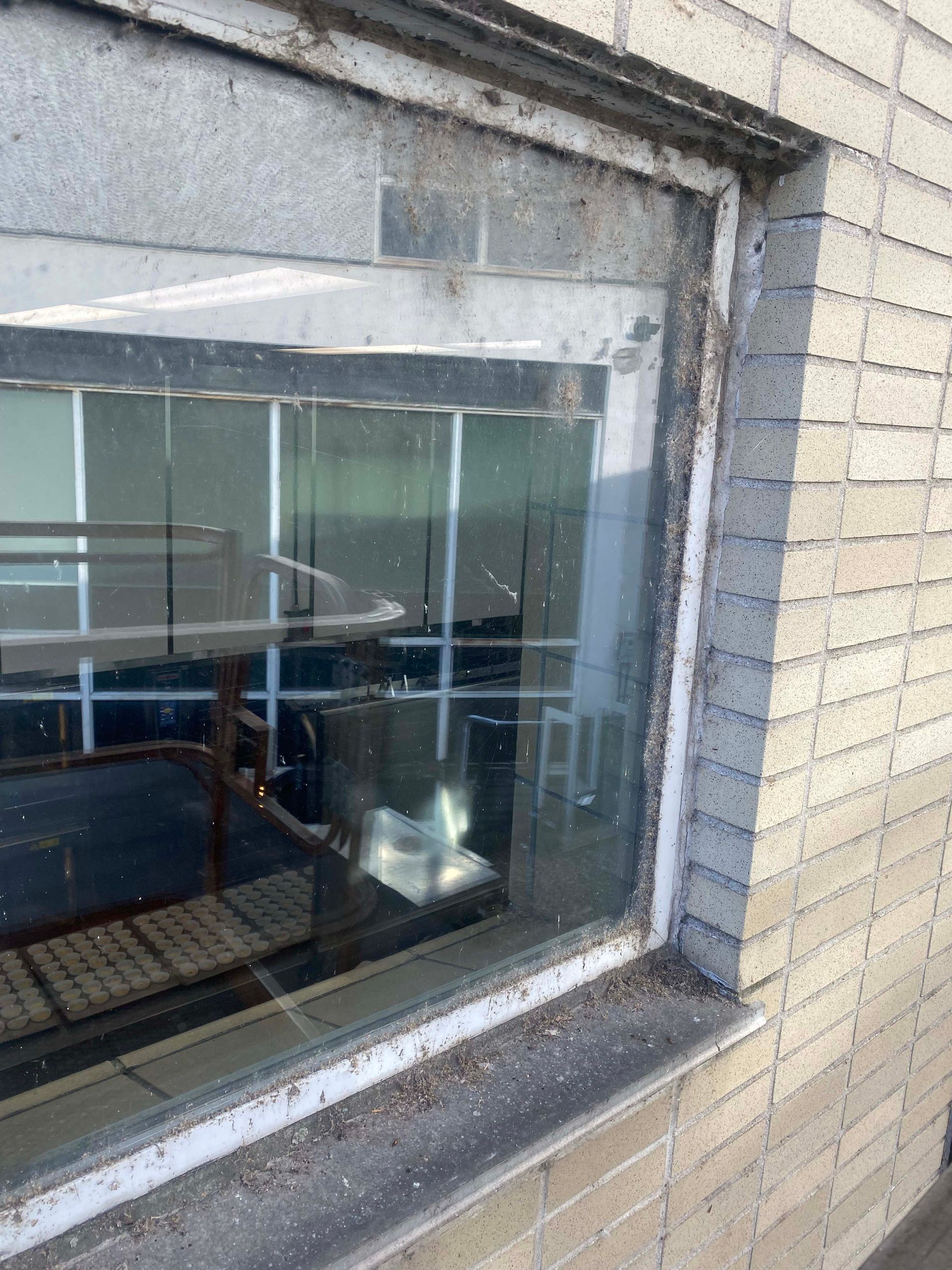 Une fenêtre sur un mur de briques avec un cadre blanc