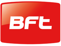 Un logo BFT rosso e bianco su uno sfondo bianco