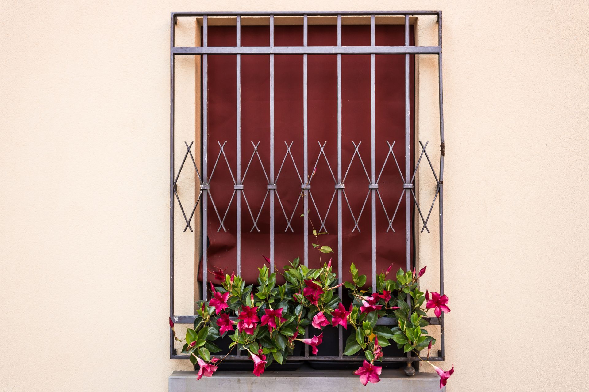 Finestra con sbarre di metallo scuro e fiori rossi in una fioriera, contro una parete beige.