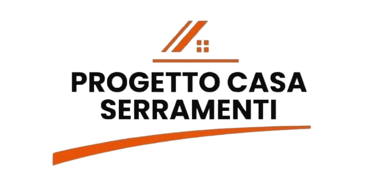 Logo di "Progetto Casa Serramenti" raffigurante un'icona di casa stilizzata e una curva arancione.