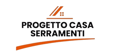Logo di "Progetto Casa Serramenti" raffigurante un'icona di casa stilizzata e una curva arancione.