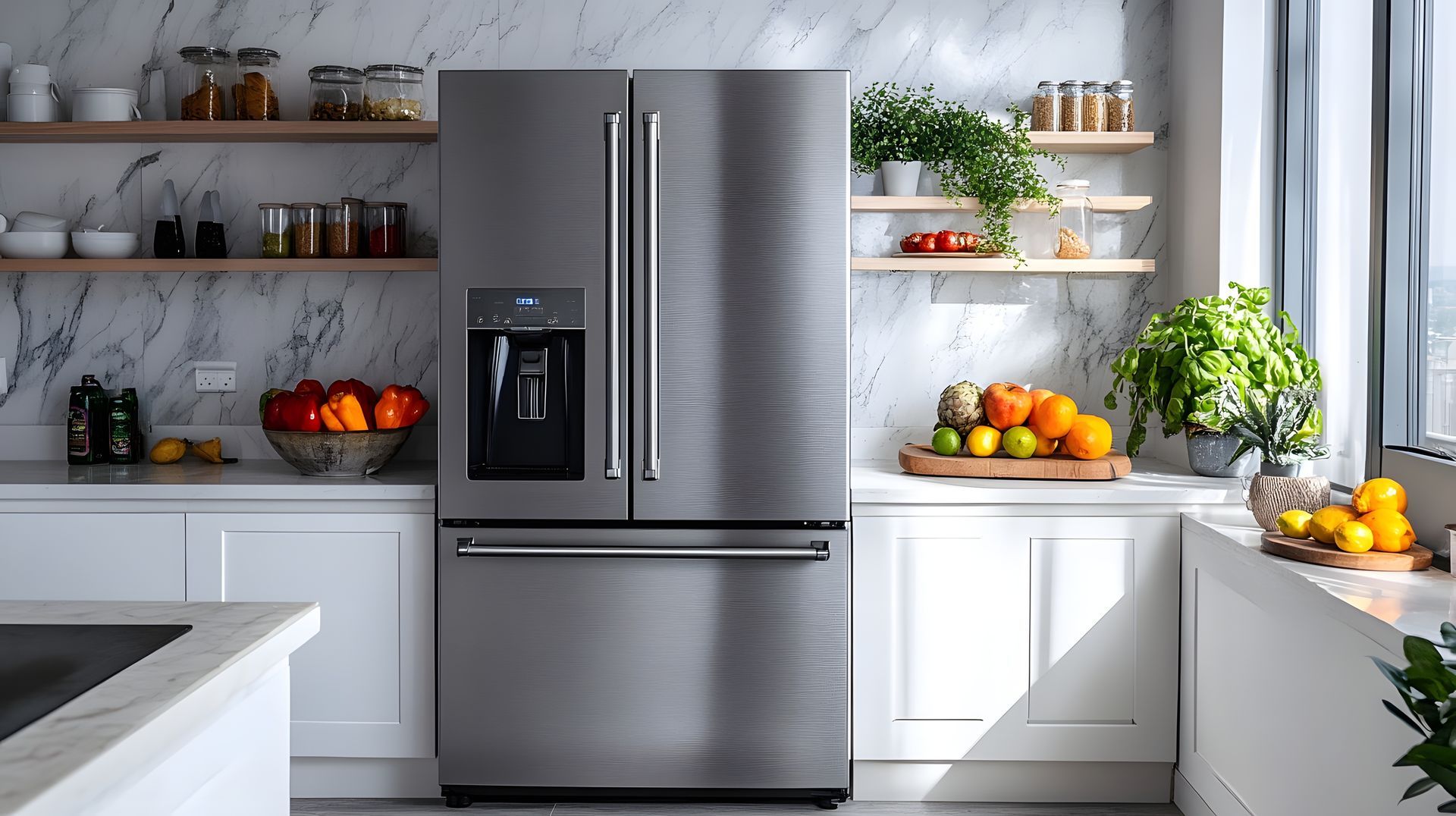 Stainless steel refrigerator in a modern kitchen with marble counters, shelving, and produce.