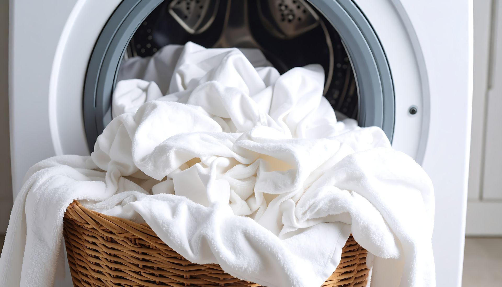White towels overflowing a wicker basket, next to an open washing machine.