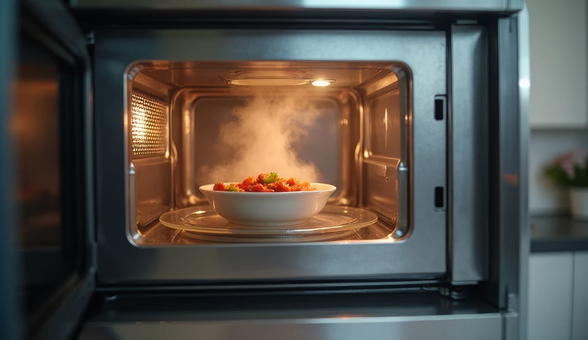 Bowl of food steaming inside a microwave oven.