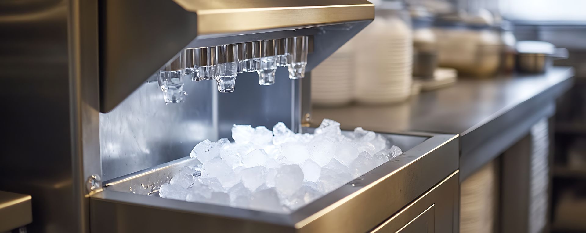 Stainless steel commercial ice machine dispensing ice cubes into a bin.