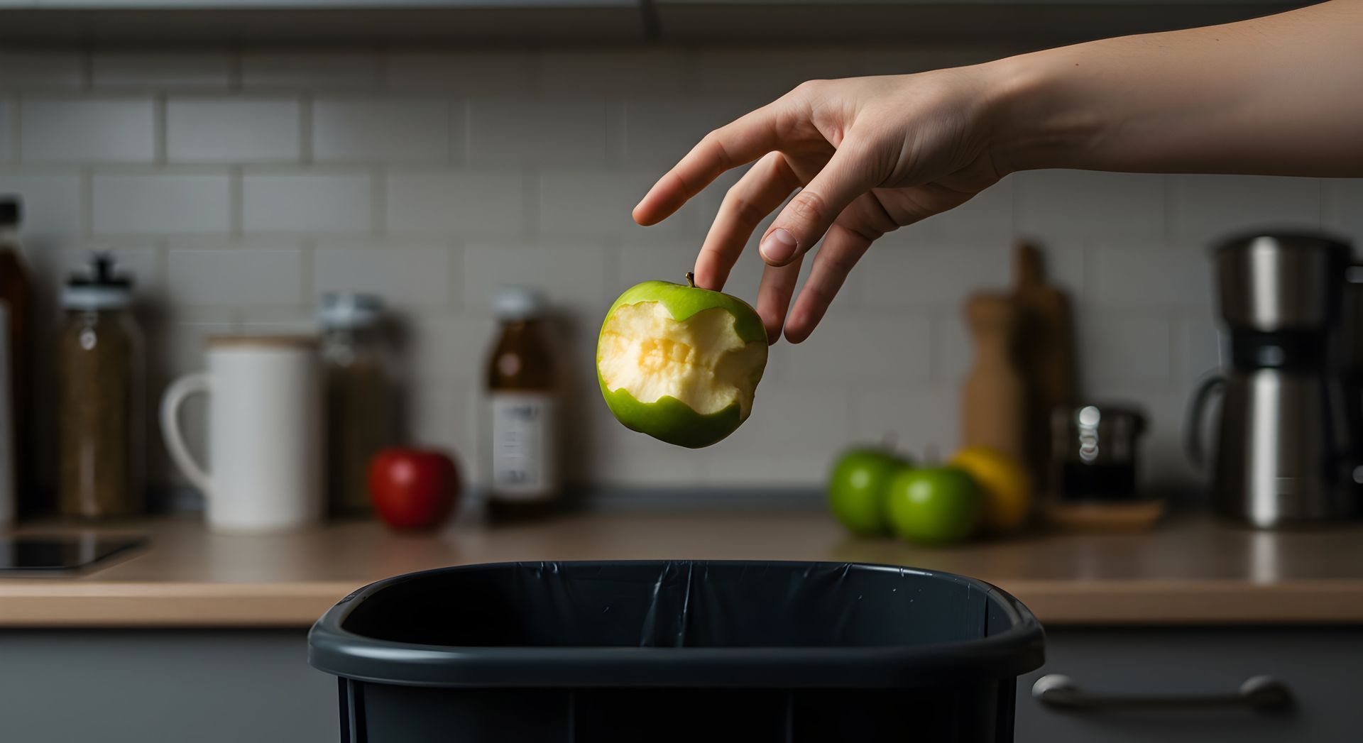 Hand dropping a partially eaten green apple into a dark trash bin in a kitchen setting.