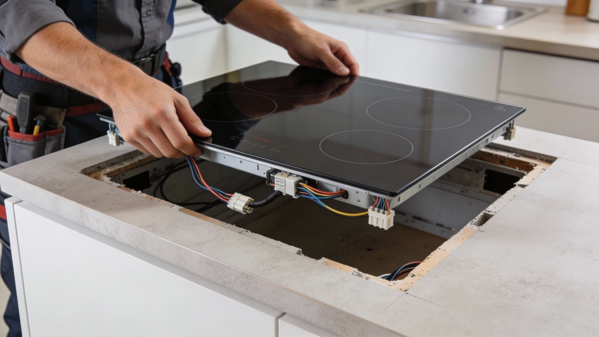 Person installing a black induction cooktop into a kitchen countertop.